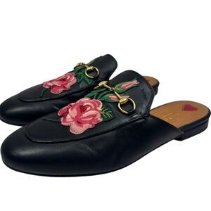 Gucci Princetown Rose Embroidered Black Loafer Mules Sz 40 Designer Iconic Flats